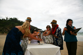 Sand Ceremony includes the children of Tanya & Bill from Emerald in Far North Queensland had Hawaiian Tropical Themed Beach Wedding at North Burleigh Beach at Burleigh Heads on the Central Gold Coast